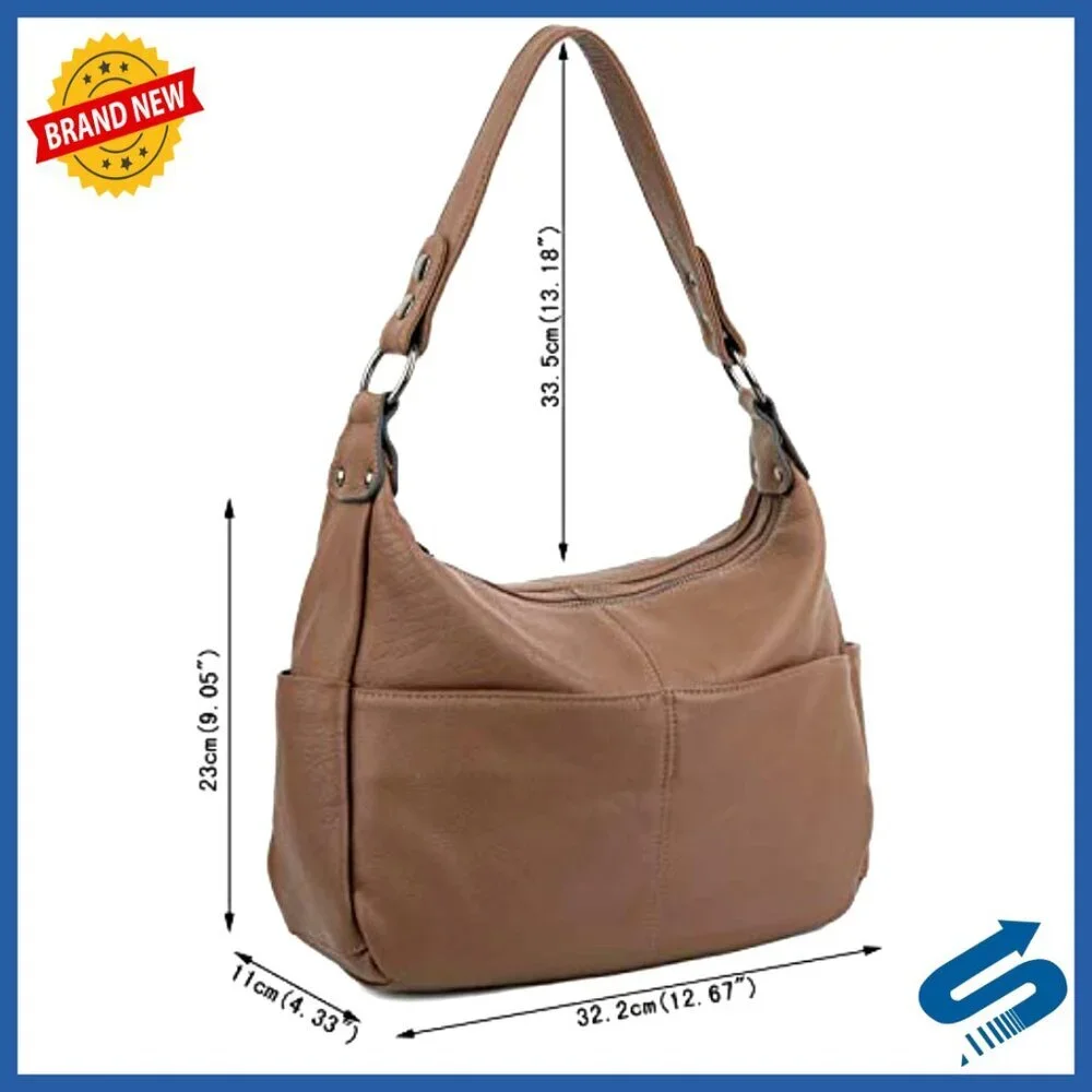 Genuine Leather Hobo Bag with Crossbody Strap, Double Zipper Pockets